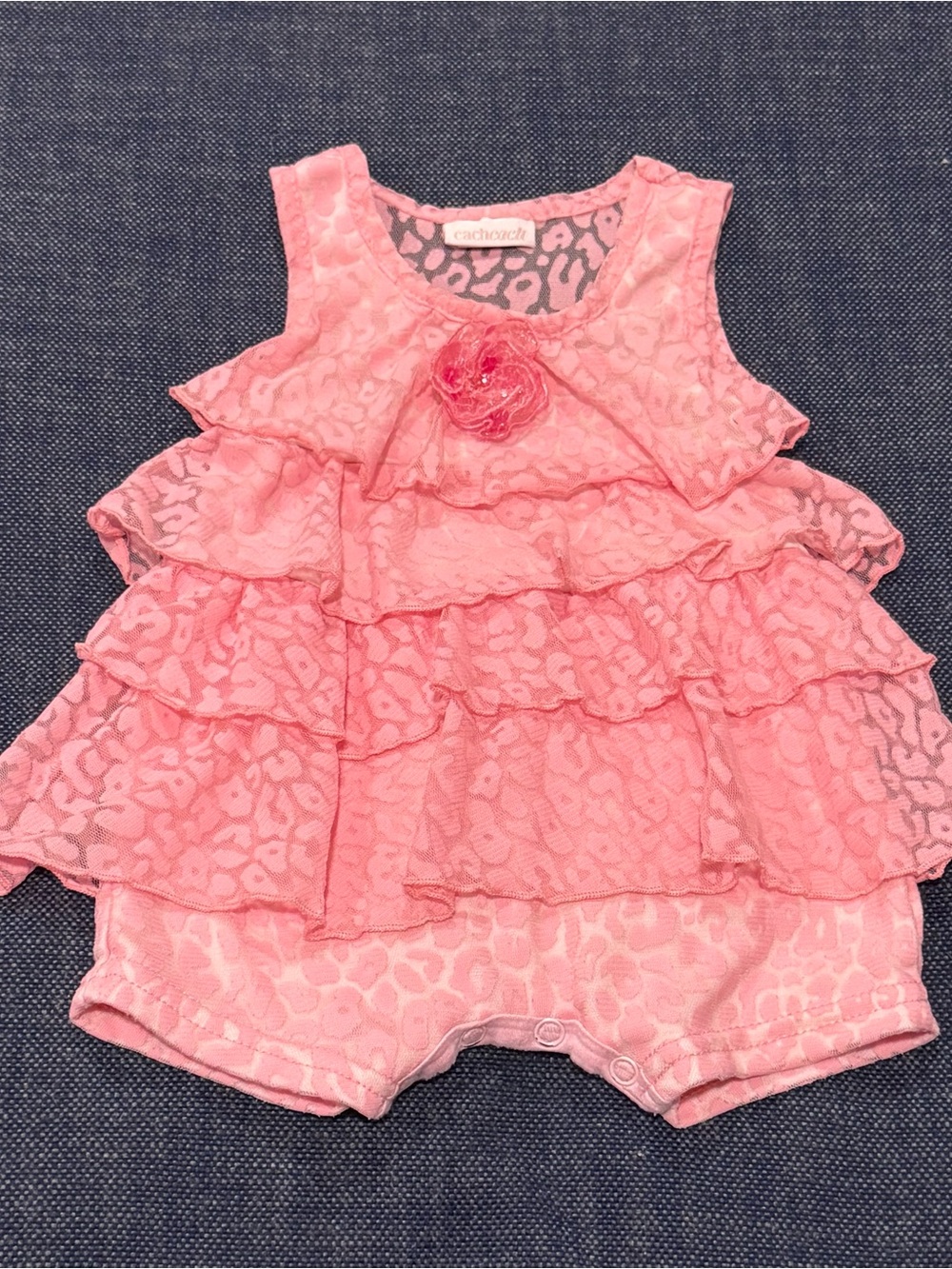 Cachcach Pink Ruffle Tiered Infant Romper 12m Lace Sequin Flower Rosette Detail
